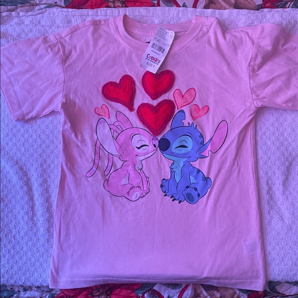 Disney Pink Tee with Stitch and Angel Heart Design